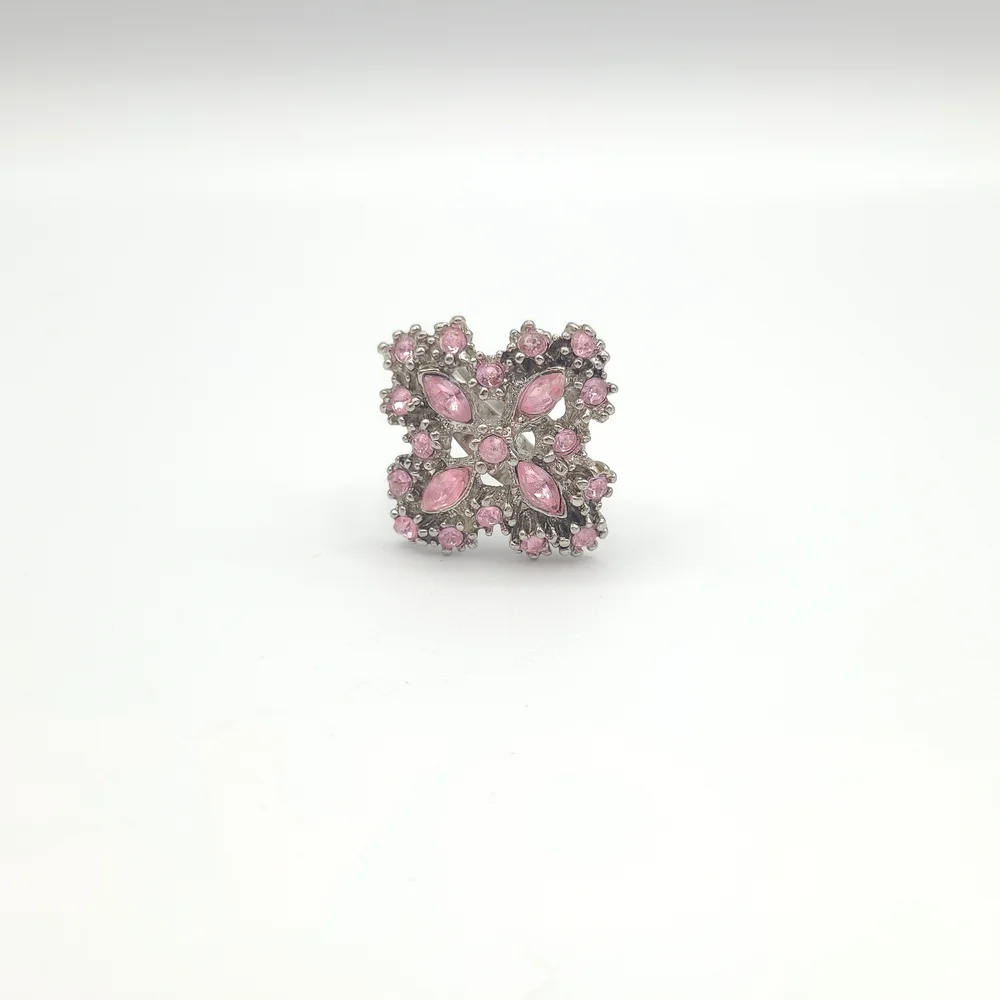 Pink Rhinestone Floral Cluster Ring Silver Tone Adjustable Statement - Picture 2 of 8